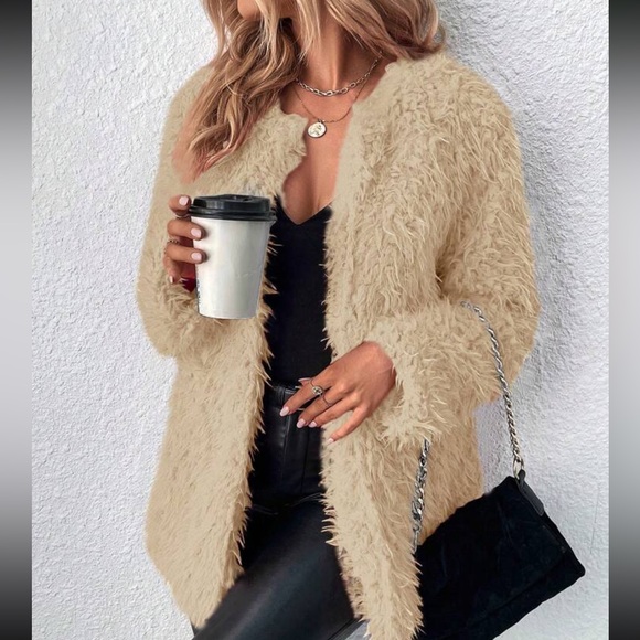 Luxe khaki cozy open front teddy coat jacket - Picture 6 of 6